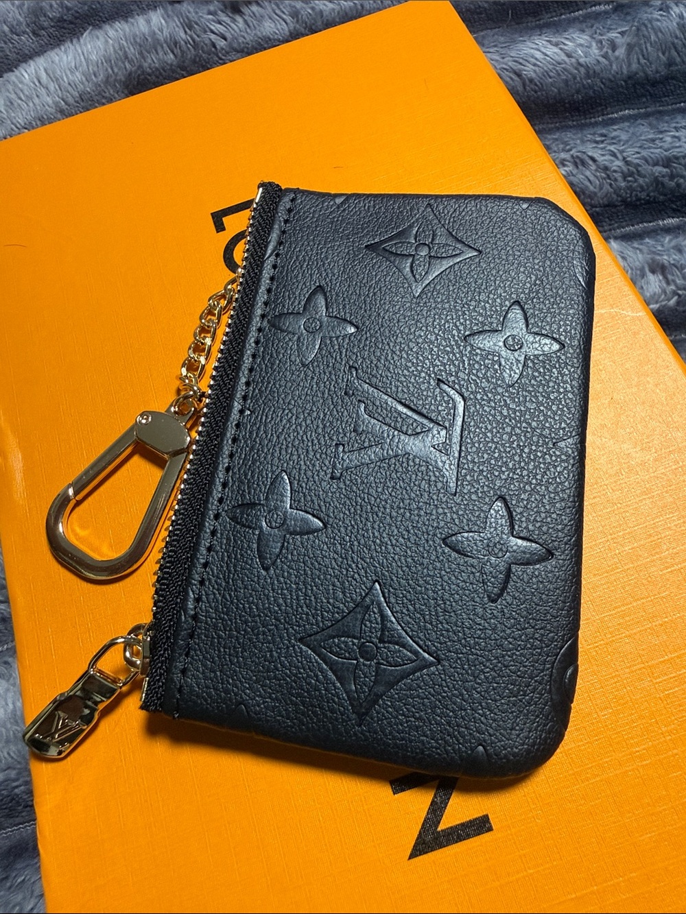 Luxury Black Embossed Monogram Key Pouch with Gold Hardware